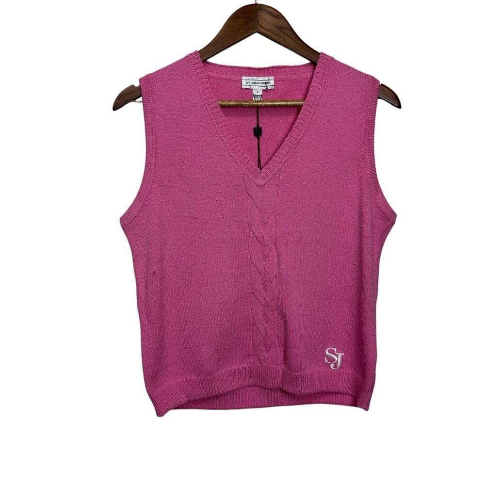 ST JOHN SPORT Wool Pink Knit Vest Small LOGO‎ Preppy Coquette NWT